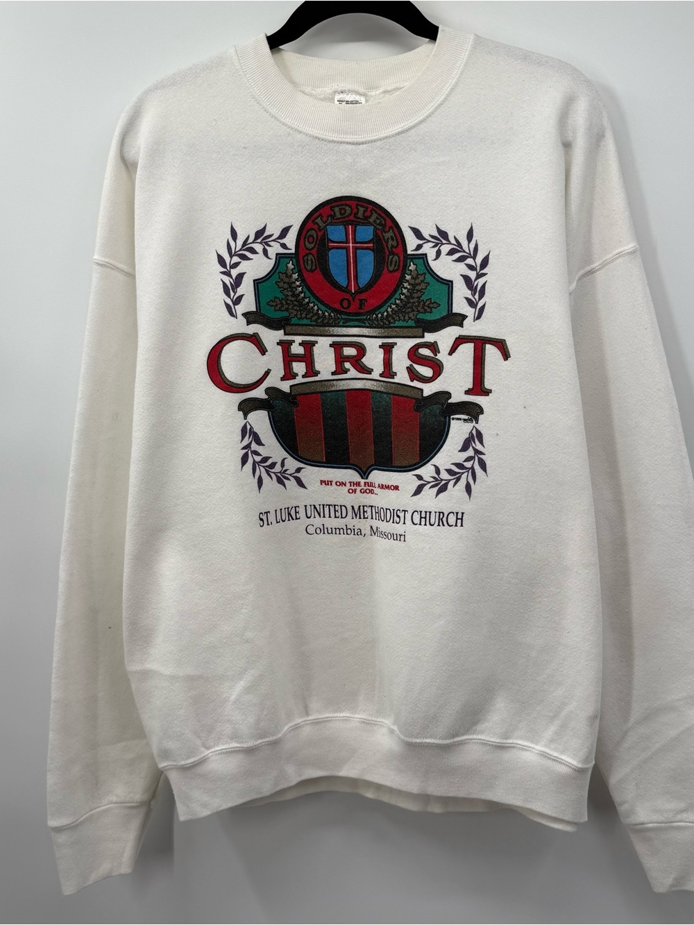 Fruit of the Loom White Crewneck Sweatshirt with Red & Green 'Christ' Graphic
